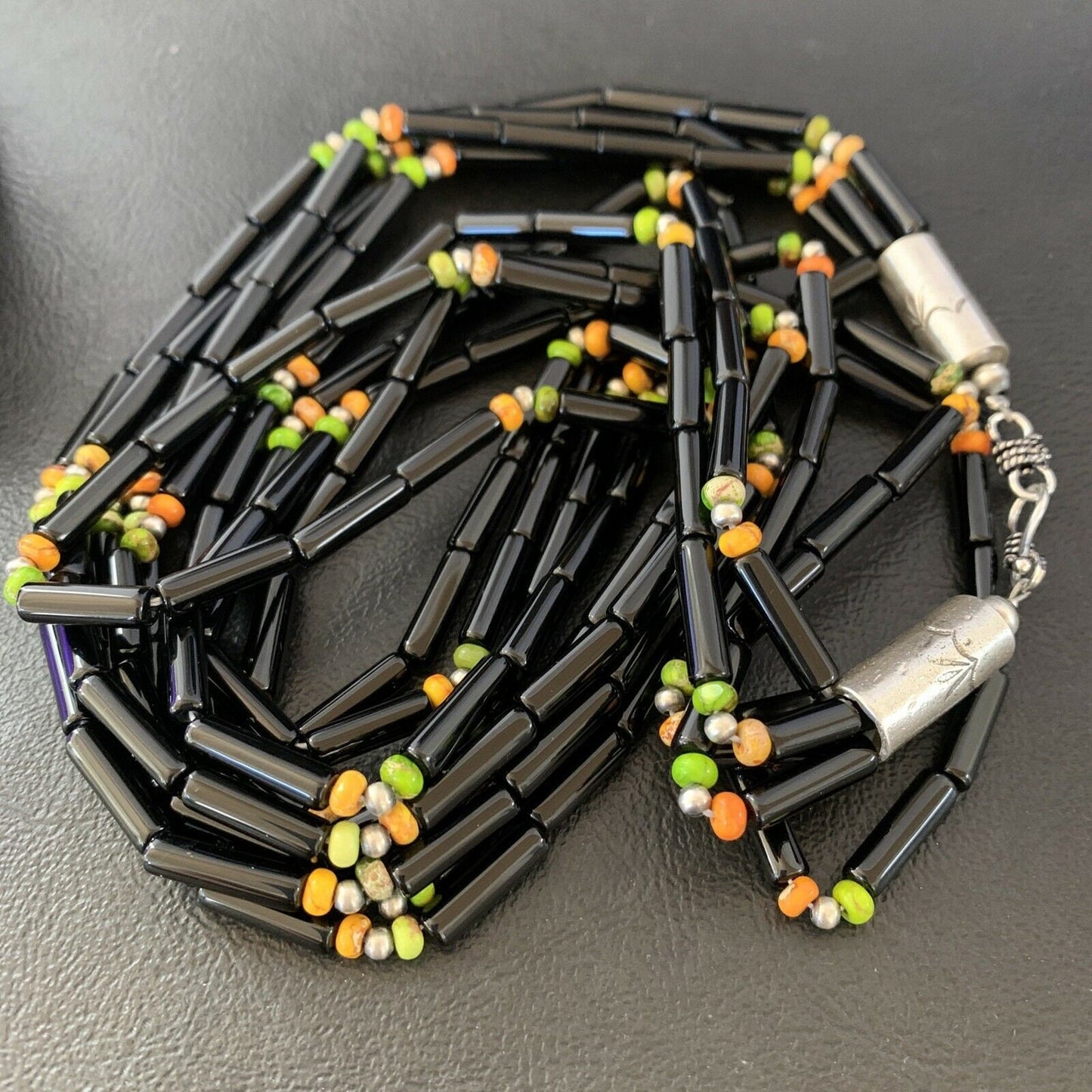 Navajo Black Onyx Spiny Turquoise Bead Necklace with Pendant | Sterling Silver | 22" | 10922