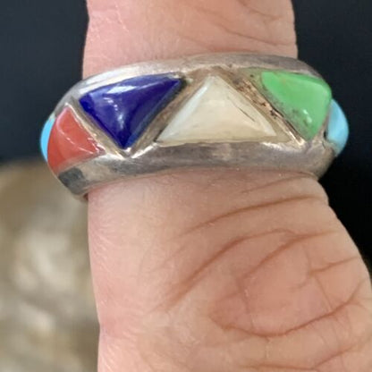 Navajo Multi-Color Turquoise Lapis Coral Mother of Pearl Inlay Ring | Sterling Silver | Sz 5.5 | 12399