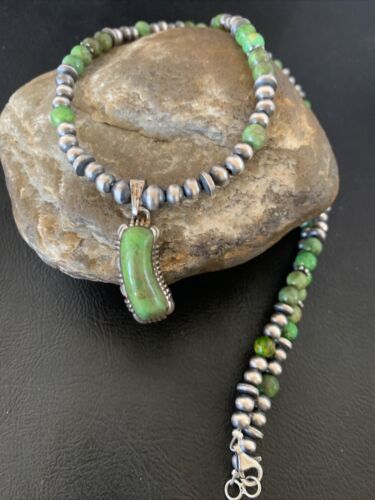 Navajo Green Gaspeite Turquoise Pendant | Sterling Silver Inlay | Authentic Native American Handmade | 12342
