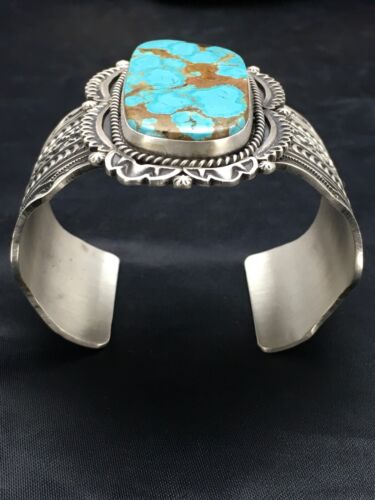 Navajo Men's Turquoise #8 Cuff Bracelet | Sterling Silver | Authentic Native American Handmade | 13646
