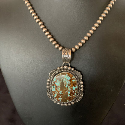Navajo Pearls Sterling Silver Necklace with Blue Turquoise #8 Pendant | Authentic Native American Handmade | 11297