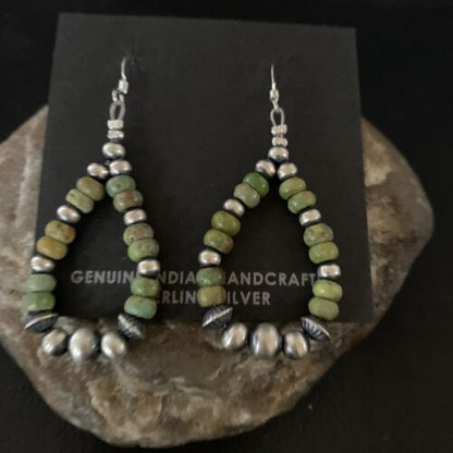 Navajo Green Turquoise Earrings | Sterling Silver | Native American Pearls Bead | 2" | 12889