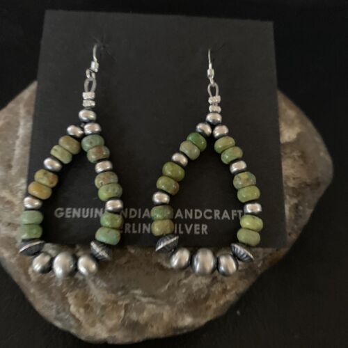 Native Green Turquoise Earrings Sterling Silver Navajo Pearls Bead 2" 12889