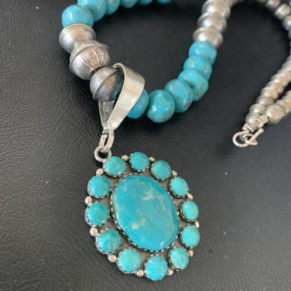 Navajo Blue Turquoise Cluster Pendant Necklace | Sterling Silver | Authentic Native American Handmade | 11884