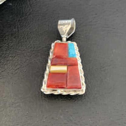 Zuni Yellow Mother of Pearl Turquoise Spiny Inlay Sun Face Pendant | Sterling Silver | 1686