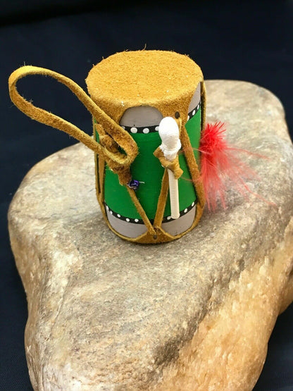 Handmade Miniature Leather Drum Car Charm | 2" Mirror Dangler | Authentic Native American | 8929