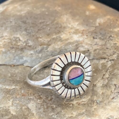 Navajo Blue Turquoise Coral Inlay Ring | Sz 7.5 | Authentic Native American Handmade | 11204