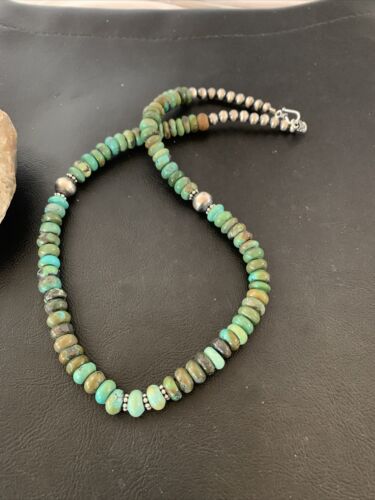 Southwestern Navajo Green Turquoise Bead Necklace | Sterling Silver | 20" | Authentic Native American Handmade | 2001
