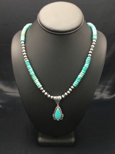 Navajo Blue Turquoise Pendant Necklace | Sterling Silver | Authentic Native American Handmade | 2641 - Masha USA