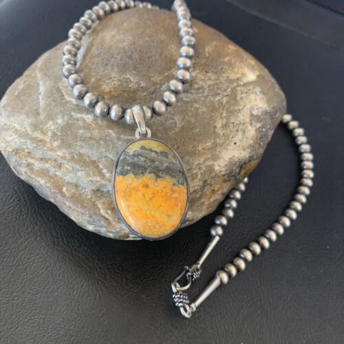 Navajo Bumblebee Jasper Pendant Necklace | Sterling Silver | Authentic Native American Handmade | 12731