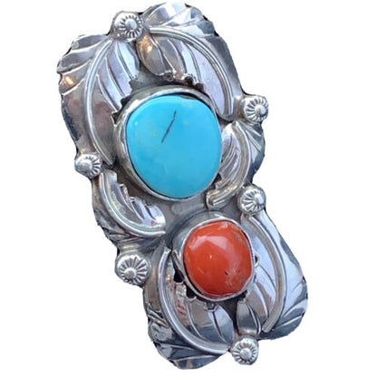 Navajo Royston Turquoise & Coral Ring | Authentic Native American Sterling Silver | Multi-Stone | Sz 8 | 01810