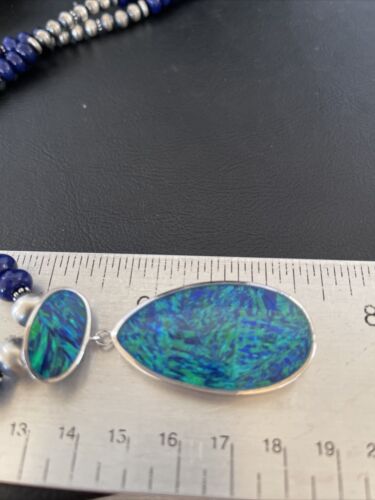 Women's Sterling Silver Necklace | Blue Lapis Bead Opal Inlay Pendant | Multi-Stone | 10584