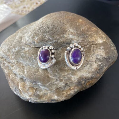 Navajo Sugilite Earrings | Sterling Silver Post Stud | Authentic Native American Handmade | 0.5" | 2069