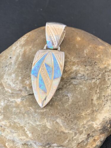Navajo White Blue Opal Inlay Pendant | Sterling Silver | Authentic Native American Handmade | 12477