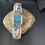 Authentic Navajo Men's Watch Tips Band | Turquoise Coral Feather | Sterling Silver | Native American Jewelry | 14312
