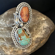 Navajo Women's Turquoise Spiny Oyster Multi-Stone Ring | Authentic Native American Sterling Silver | Multi-Stone | Sz 7.5 | 14489