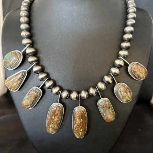 Southwestern Boulder Turquoise Necklace | 23" | Navajo Sterling Silver | Authentic Native American Handmade | 14485