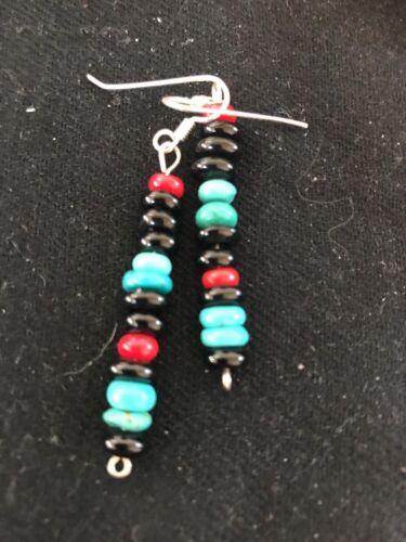 Navajo Sterling Silver Turquoise Onyx Coral Earrings | Southwestern Native American | 8334