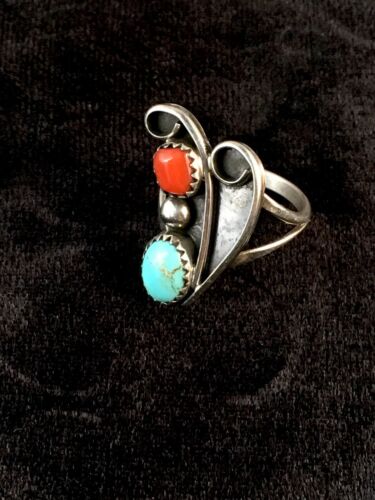 Navajo Turquoise & Coral Ring | Authentic Native American Sterling Silver | Multi-Stone | Sz 6.5 | 8714