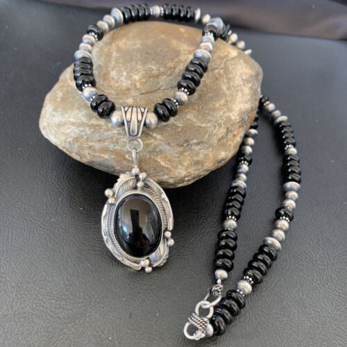 Native American Men's Navajo Pearl Necklace Pendant | Sterling Silver Black Onyx | 10805