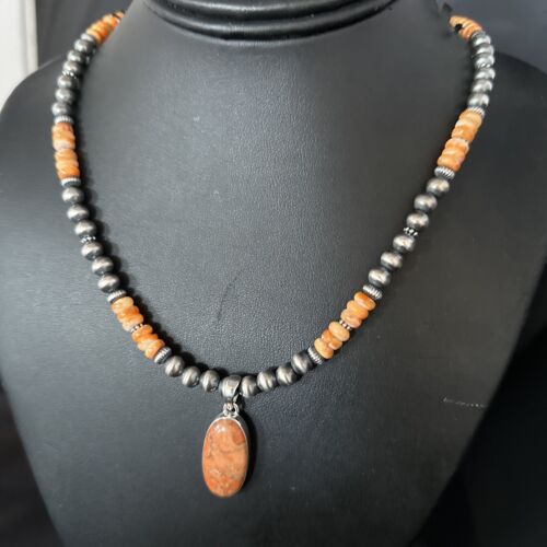 Navajo Orange Spiny Oyster Pendant Necklace | Sterling Silver Naja | Authentic Native American Handmade | 14301
