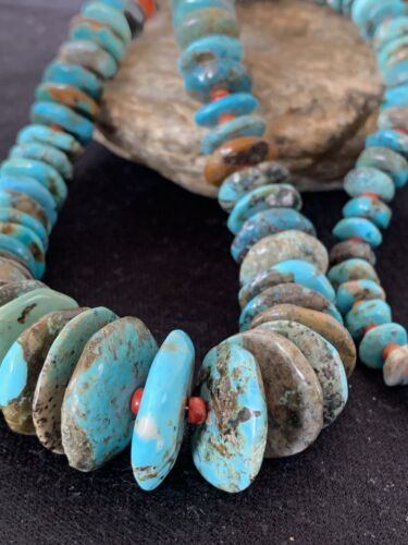 Navajo Natural Blue Turquoise & Spiny Oyster Necklace | Sterling Sliver | Graduated | Authentic Native American | 28" | 330