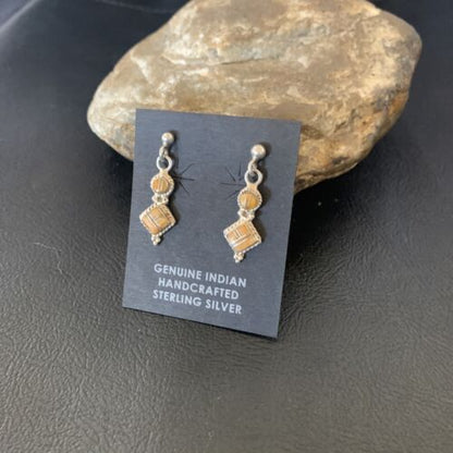 Minimalist Dangle Inlay Navajo Sterling Silver Orange Spiny Oyster Earrings | Handmade | 12679