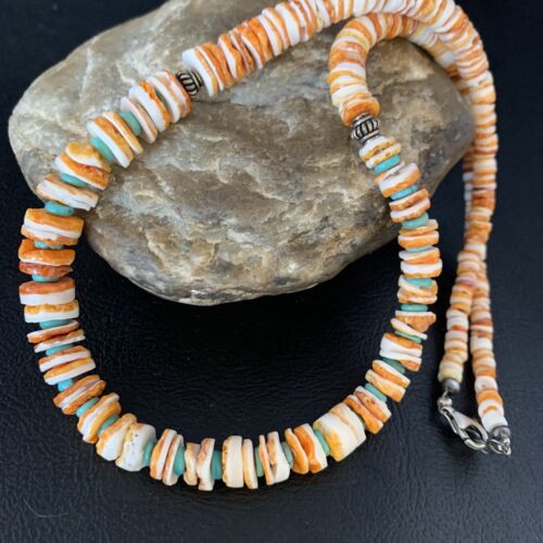 USA Navajo Turquoise Grad Orange Spiny Oyster Sterling Necklace 20in 13517