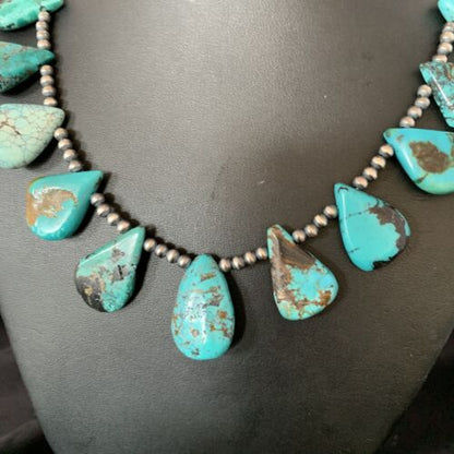 Southwestern Navajo Pearls Necklace | Sterling Silver Blue Turquoise Teardrop | 13151