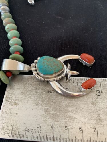 Navajo Royston Turquoise Coral Naja Pendant Necklace | Authentic Native American Sterling Silver | Naja | 1402