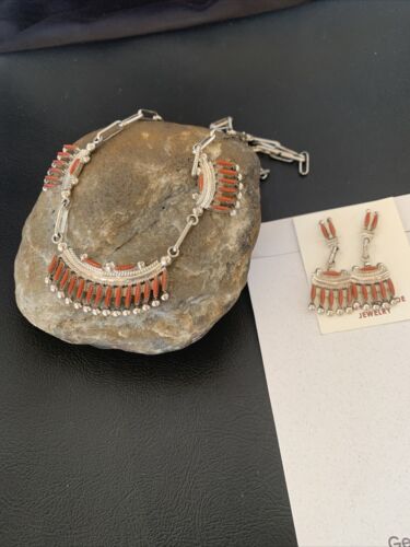 Zuni Coral Sterling Silver Petite Point Needle Necklace Pendant Earrings Set | Authentic Native American Handmade | 11909