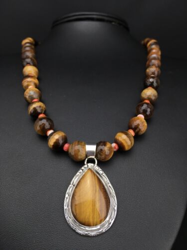 Native American Tiger's Eye Spiny Oyster Necklace | Sterling Silver | 20" | 1155