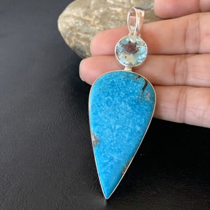 Navajo Blue Topaz Turquoise Pendant | Sterling Silver | 3" | Authentic Native American Handmade | 10709