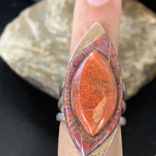 Navajo Red Spiny Oyster Opal Inlay Ring | Sterling Silver | Sz 10 | Authentic Native American Handmade | 12844