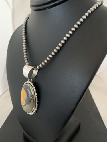 Navajo Pearls Sterling Silver Necklace | Bumblebee Jasper Pendant | Authentic Native American Handmade | 1649 - Masha USA