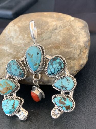 Navajo Coral Spiderweb Turquoise Pendant | Authentic Native American Sterling Silver | Naja | 02226
