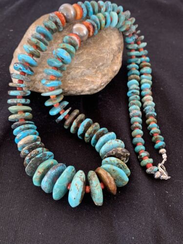 Navajo Sterling Silver Natural Blue Turquoise & Spiny Oyster Graduated Necklace | Authentic Native American | 28" | 331