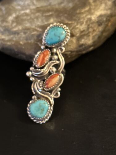 Navajo Turquoise Spiny Oyster Multi-Stone Ring | Authentic Native American Sterling Silver | Sz 8 | 14496