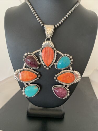 Navajo Sterling Silver Necklace with Turquoise & Spiny Oyster Naja Pendant | 00791