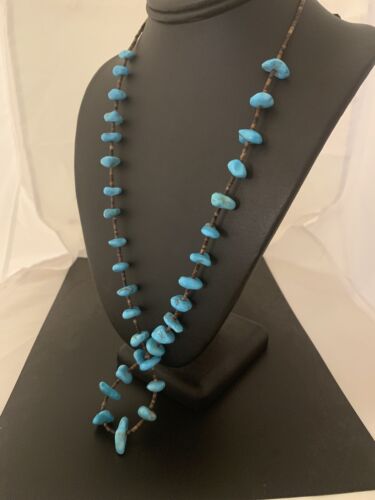 Navajo Sleeping Beauty Kingman Turquoise Nugget Necklace | Sterling Silver | Authentic Native American Handmade | 26" | 00613