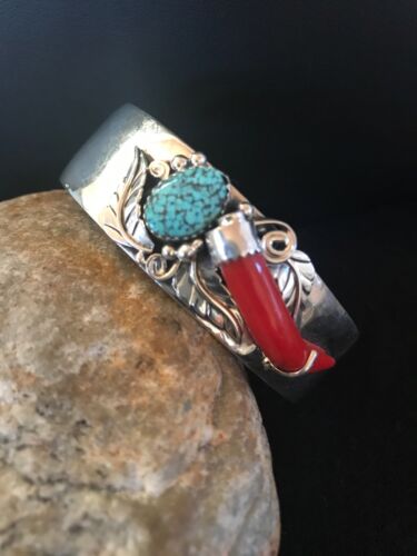 Navajo Spider Web Turquoise Coral Bracelet | Sterling Silver | Authentic Native American Handmade | 11716
