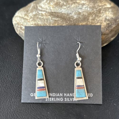 Navajo Multi-Color Turquoise Mother of Pearl Inlay Earrings | Sterling Silver | Authentic Native American Handmade | 14655