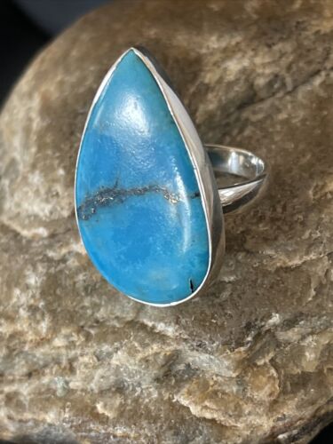 Navajo Blue Kingman Turquoise Ring | Sterling Silver | Sz 8 | Teardrop | Authentic Native American Handmade | 10509