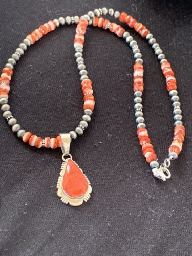 Navajo Red Spiny Oyster Pendant Necklace | Sterling Silver | 20" | Authentic Native American Handmade | 376
