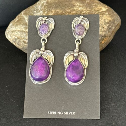 Navajo Purple Sugilite Dangle Earrings | Sterling Silver | 2" | Authentic Native American Handmade | 14403