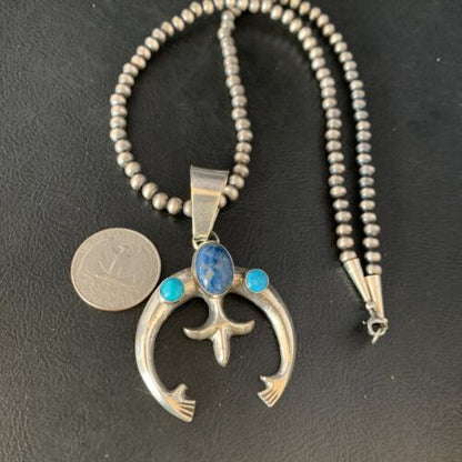 Navajo Sterling Silver Pendant Necklace | Denim Lapis & Turquoise | Authentic Native American Handmade | 13633