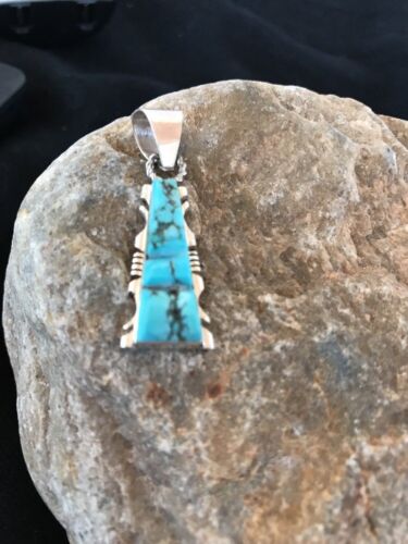 Kingman Turquoise Sterling Silver Pendant | Navajo Inlay Design | Signed | 21" Necklace | 3409