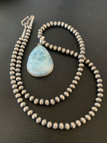 Navajo Blue Larimar Pendant Necklace | Sterling Silver Beads | Authentic Native American Handmade | 1765