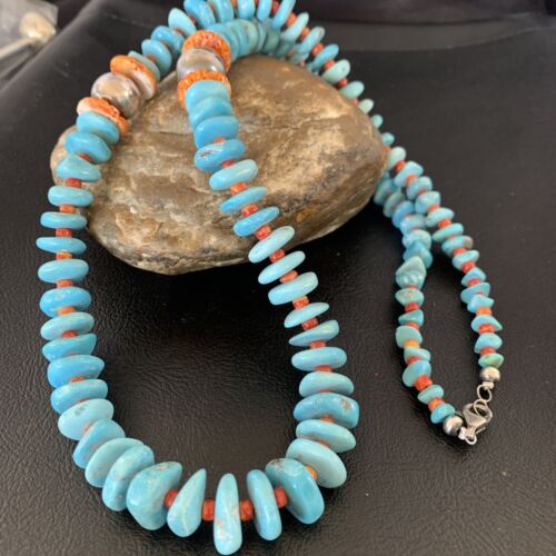 Navajo Natural Turquoise & Spiny Oyster Necklace | Sterling Silver | Authentic Native American | 29" | 13234