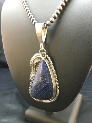 Men's Sterling Silver Navajo Pearls Necklace with Denim Lapis Pendant | Authentic Native American Handmade | 1006